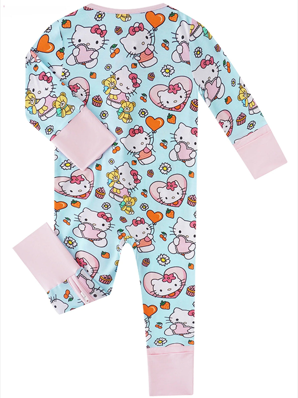 Back view of light blue baby sleeper showing all-over character print and fold-over mitten on sleeve
