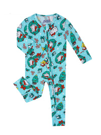 Full flat-lay of light blue Hello Kitty Christmas zippy romper with visible central zipper
