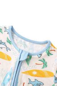 Baby outfit with shark and fish pattern on a white background