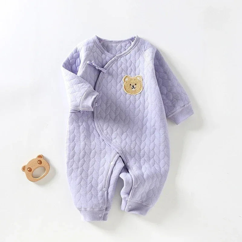 Light purple quilted cotton warm baby romper with long sleeves and bear patch