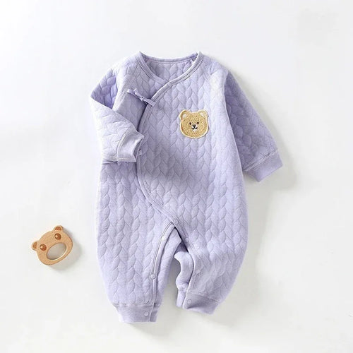 Light purple quilted cotton warm baby romper with long sleeves and bear patch