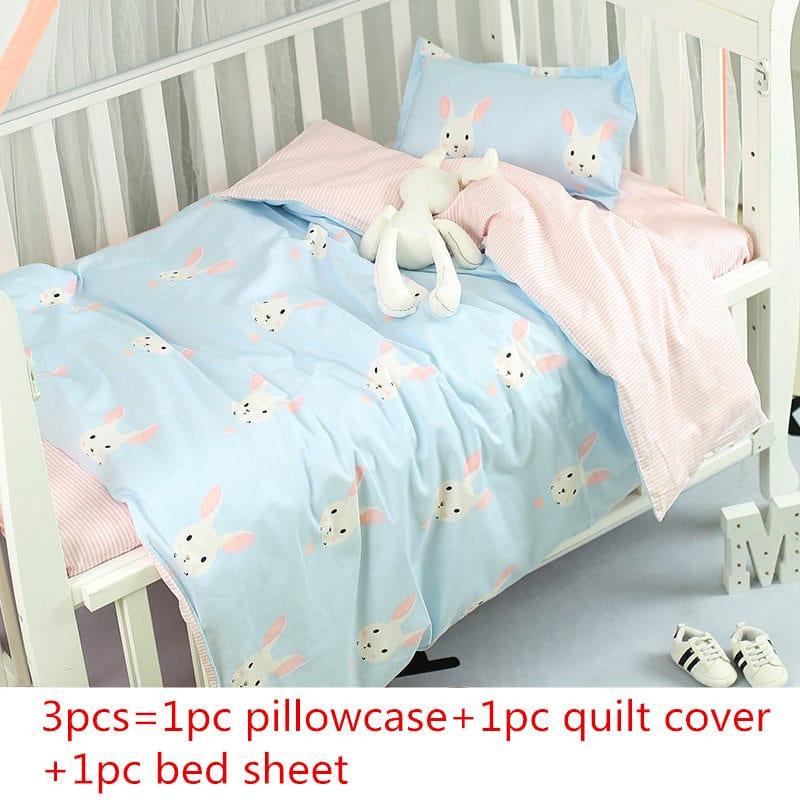 Blue baby bedding sets for nursery crib with bunny print pillowcase quilt cover and bed sheet for infants