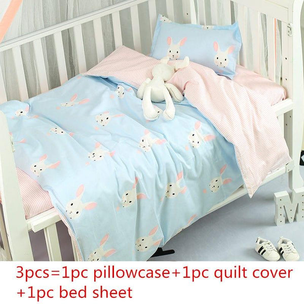 Blue baby bedding sets for nursery crib with bunny print pillowcase quilt cover and bed sheet for infants