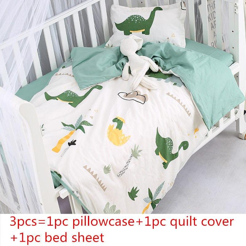 White and green dinosaur-themed baby bedding sets for nursery crib with pillowcase quilt cover and bed sheet