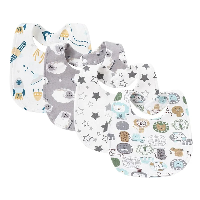 Set of four colorful baby bib and burp cloth set for infants featuring animal and star patterns