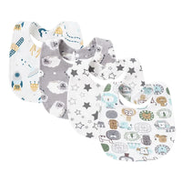 Set of four colorful baby bib and burp cloth set for infants featuring animal and star patterns