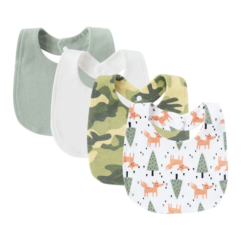 Set of four baby bib and burp cloth set with green, white, camouflage, and fox print for infants