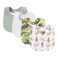 Set of four baby bib and burp cloth set with green, white, camouflage, and fox print for infants
