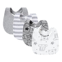 Gray and white baby bib and burp cloth set with stars, bears, and bottle designs for infants