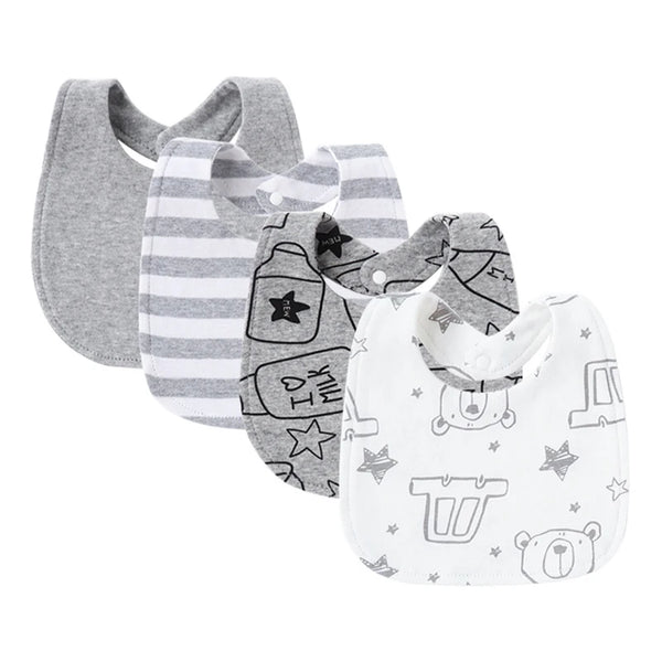 Gray and white baby bib and burp cloth set with stars, bears, and bottle designs for infants