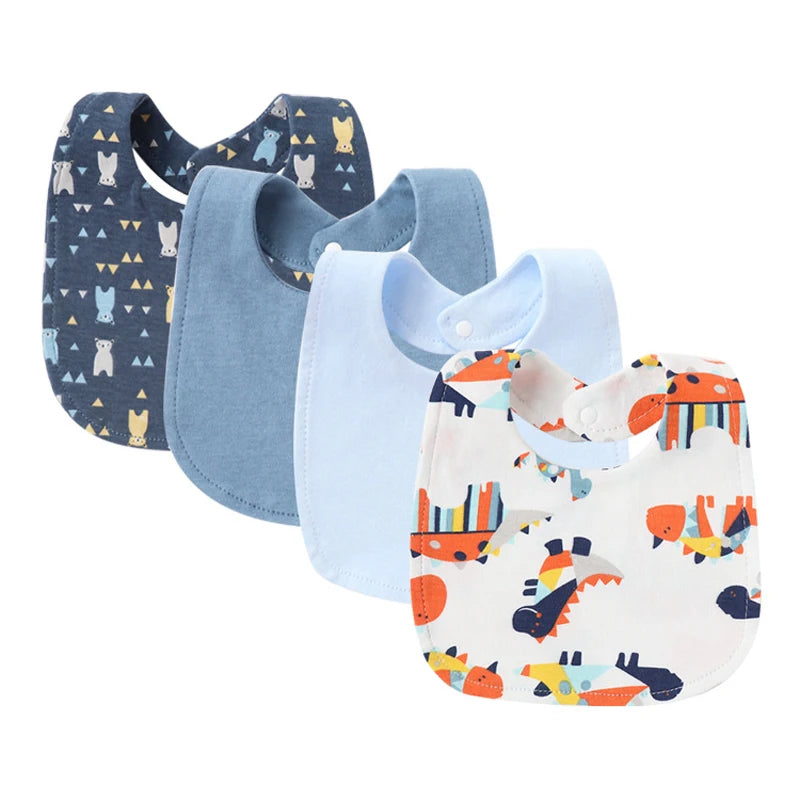 Set of four baby bib and burp cloth set in blue, navy, and colorful animal prints for infants