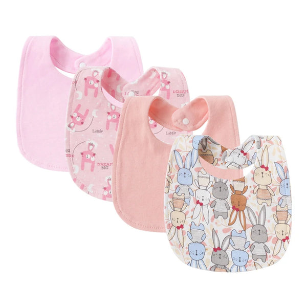 Set of four baby bib and burp cloth set in pink and patterned designs for infants