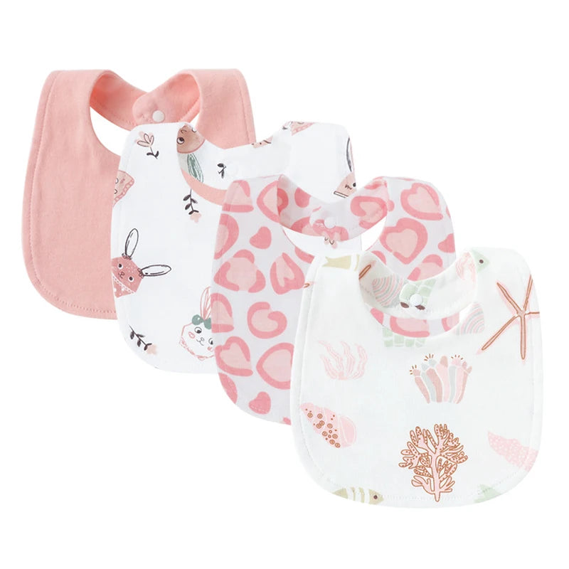 Set of four pastel pink baby bib and burp cloth set with animal, heart, and sea life prints for infants