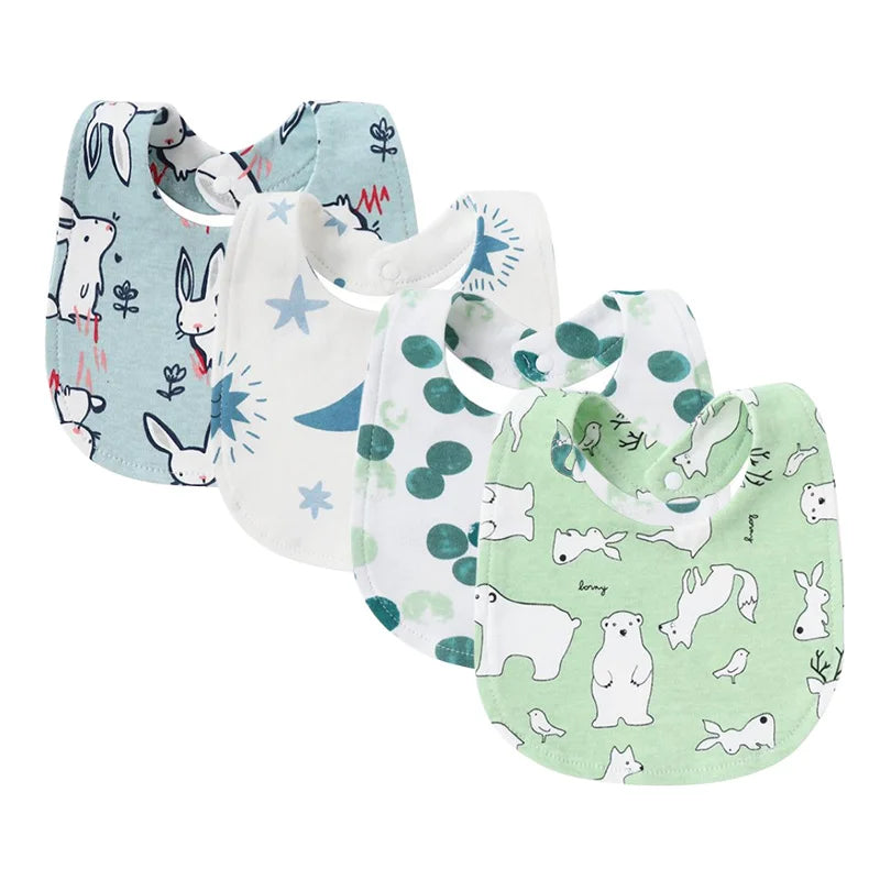Four baby bib and burp cloth set with pastel animal and star prints for infants