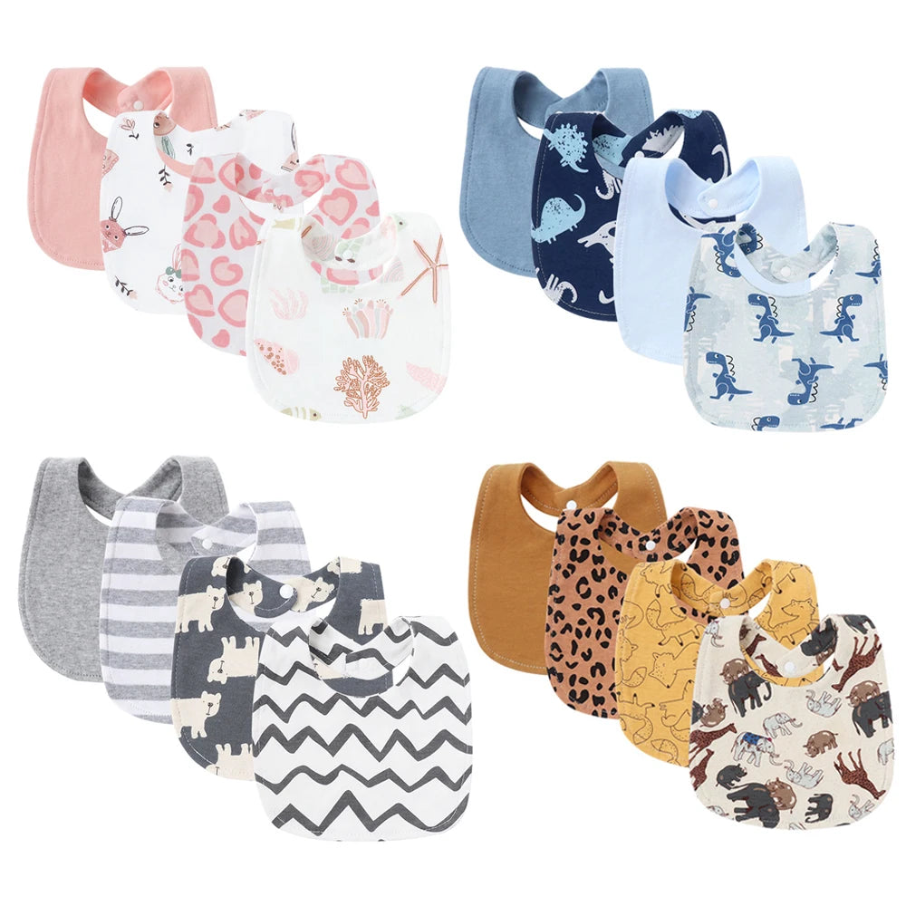 Set of colorful baby bib and burp cloth set for infants featuring animal and pattern designs