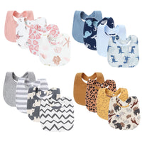 Set of colorful baby bib and burp cloth set for infants featuring animal and pattern designs
