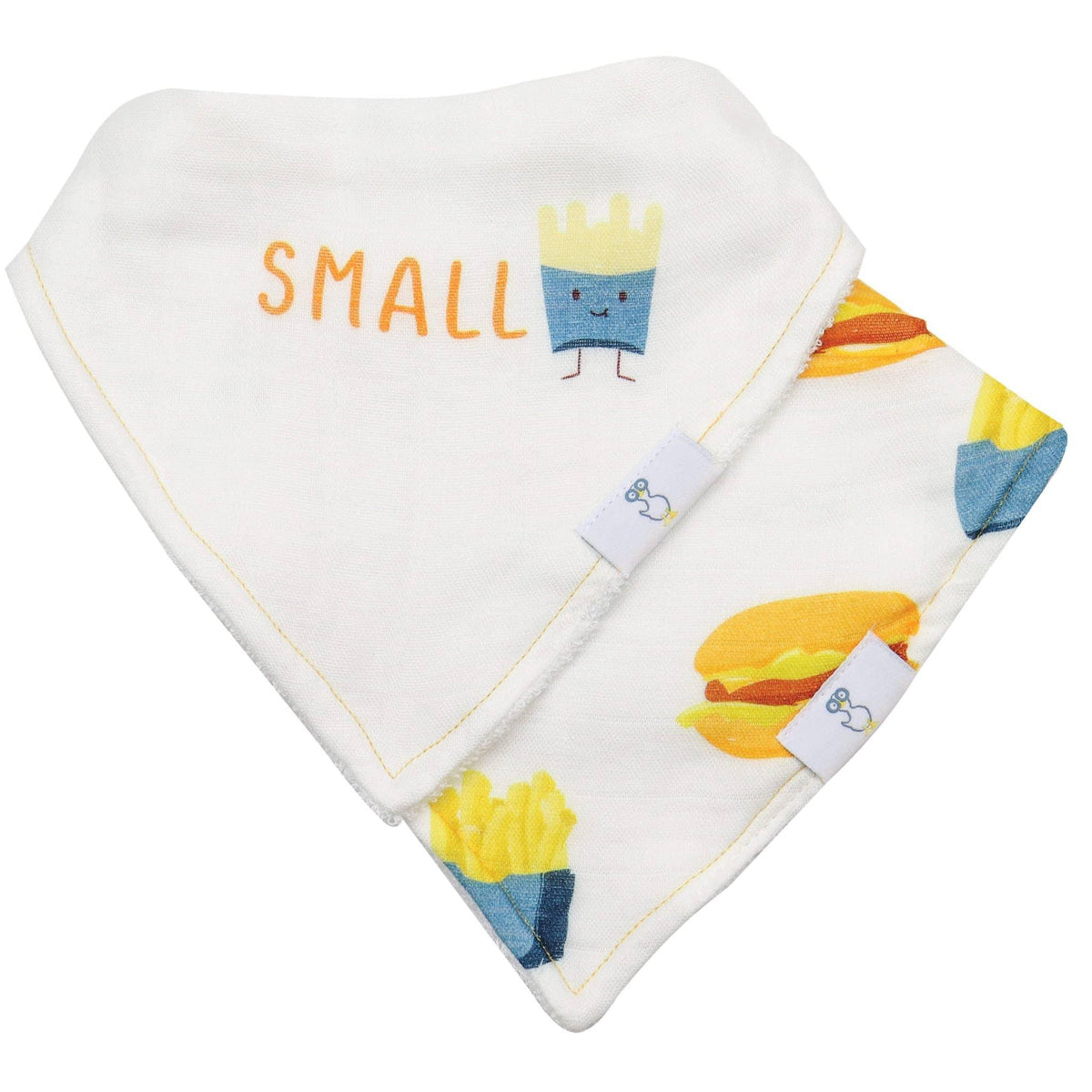 White baby bib set muslin and terry cloth with yellow fries and burger prints from Goosewaddle