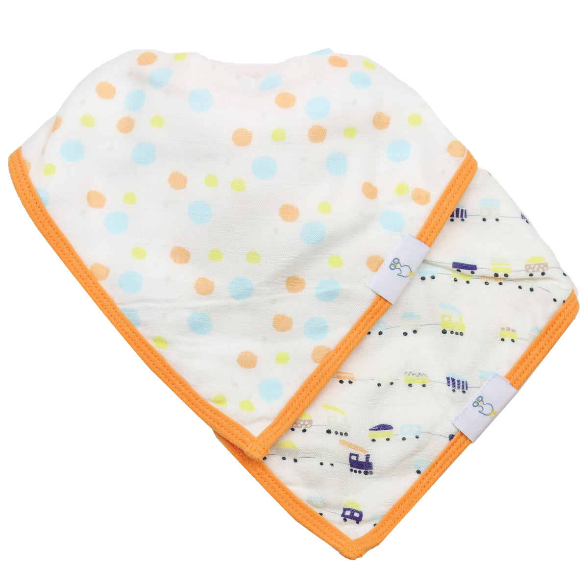 Goosewaddle baby bibs set of two with orange trim, one with pastel polka dots and one with vehicle prints for infants
