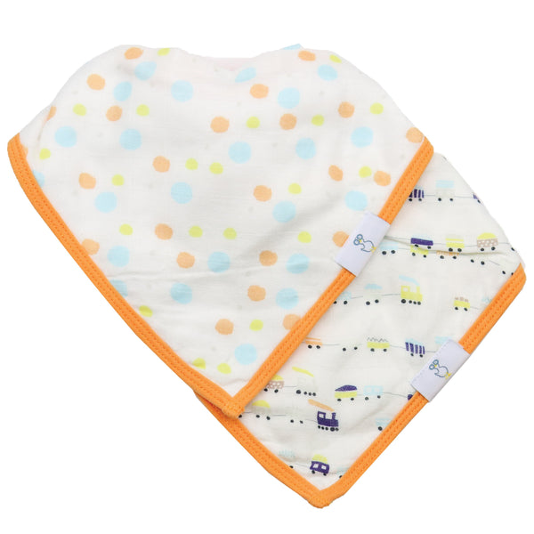 Goosewaddle baby bibs set of two with orange trim, one with pastel polka dots and one with vehicle prints for infants