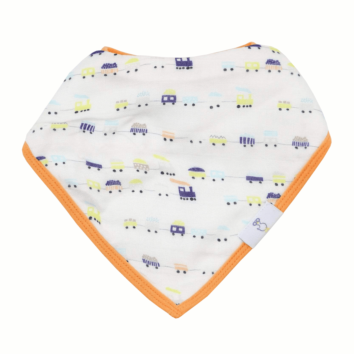 Newborn baby bibs white bandana with colorful train pattern and orange trim
