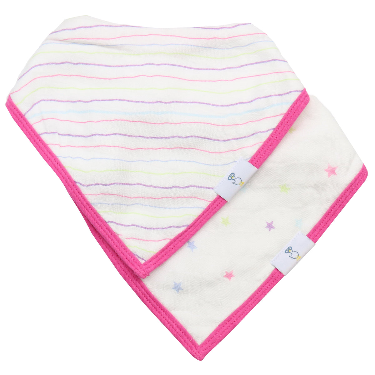 Goosewaddle baby bibs set with white background, pink trim, colorful stripes and star patterns for newborns