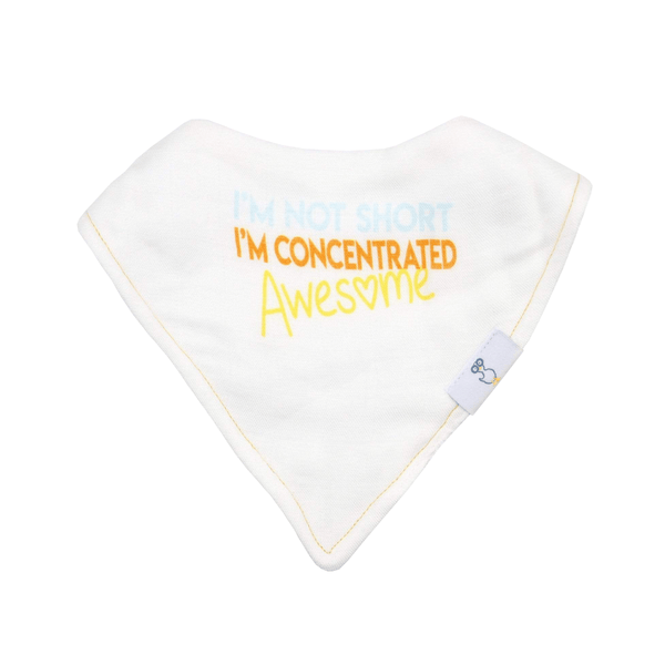 White newborn baby bibs with yellow and orange text saying I’m concentrated awesome