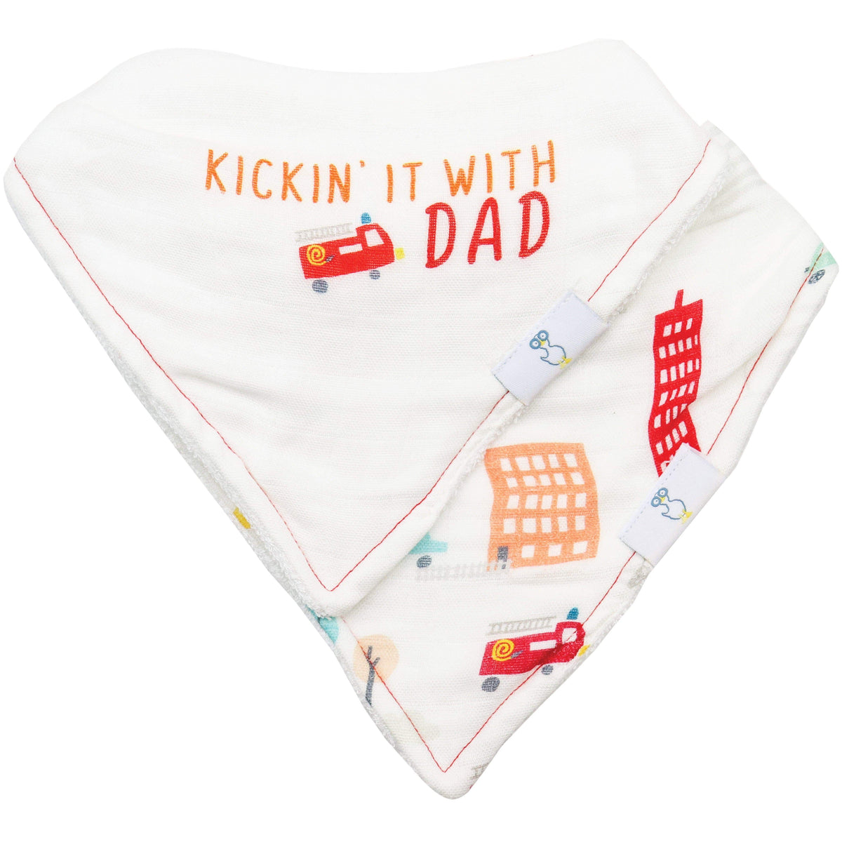 Goosewaddle baby bibs white newborn bandana style with Kickin It With Dad text and city vehicle design