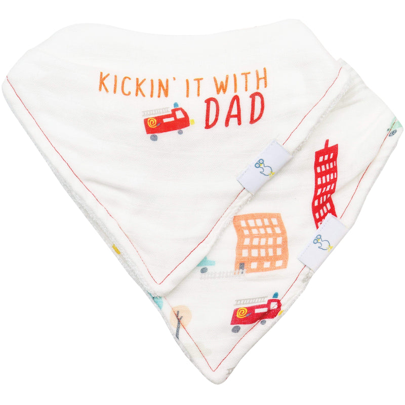 Goosewaddle baby bibs white newborn bandana style with Kickin It With Dad text and city vehicle design