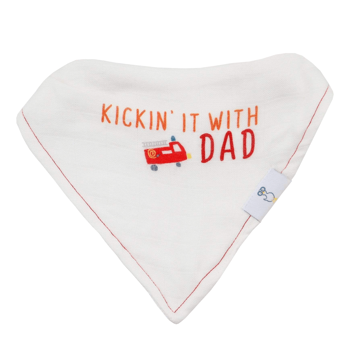 White newborn baby bib with red trim and Kickin' It With Dad text and fire truck design baby bibs