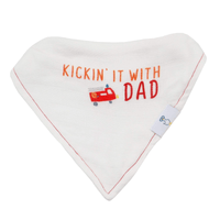 White newborn baby bib with red trim and Kickin' It With Dad text and fire truck design baby bibs