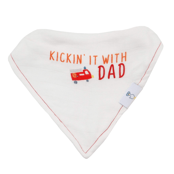 White newborn baby bib with red trim and Kickin' It With Dad text and fire truck design baby bibs