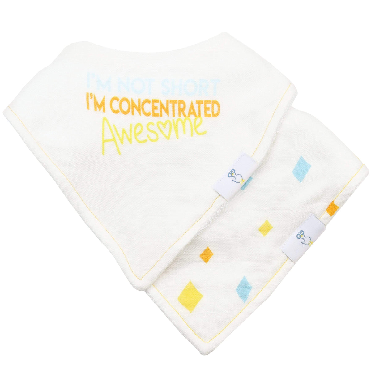Goosewaddle baby bibs white bandana style for newborns with colorful text and diamond pattern
