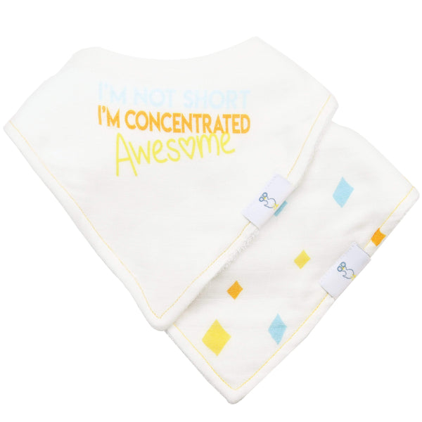 Goosewaddle baby bibs white bandana style for newborns with colorful text and diamond pattern