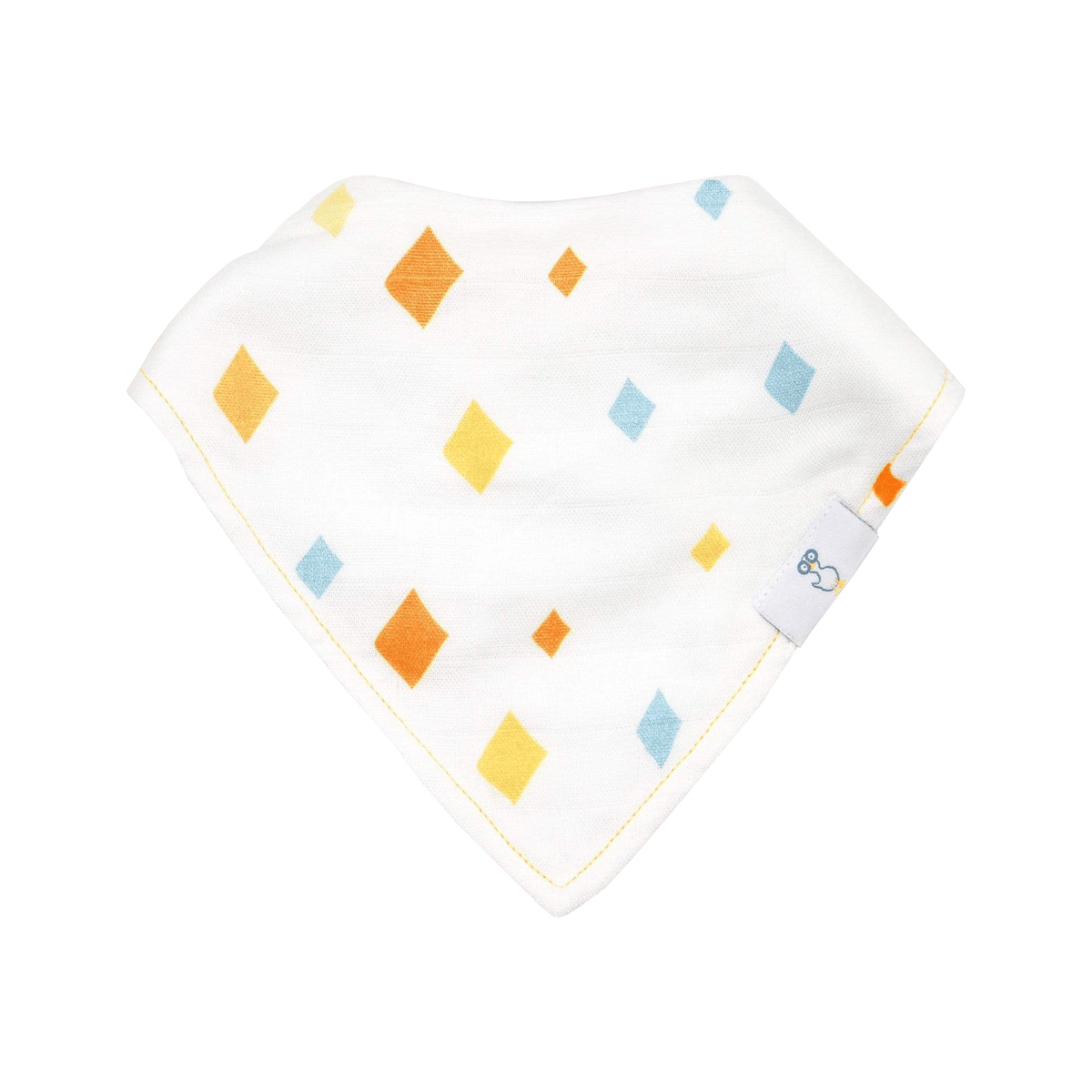 White newborn baby bibs with orange, yellow, and blue diamond pattern by Goosewaddle