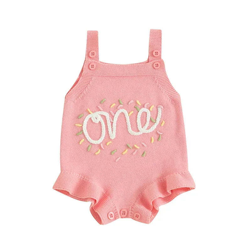 pink baby birthday romper for 1 year old with knitted one text and ruffle hem