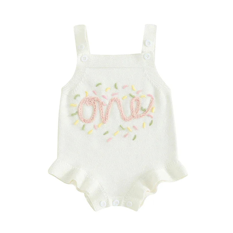 White baby birthday romper with pink embroidered one and colorful sprinkles for infants