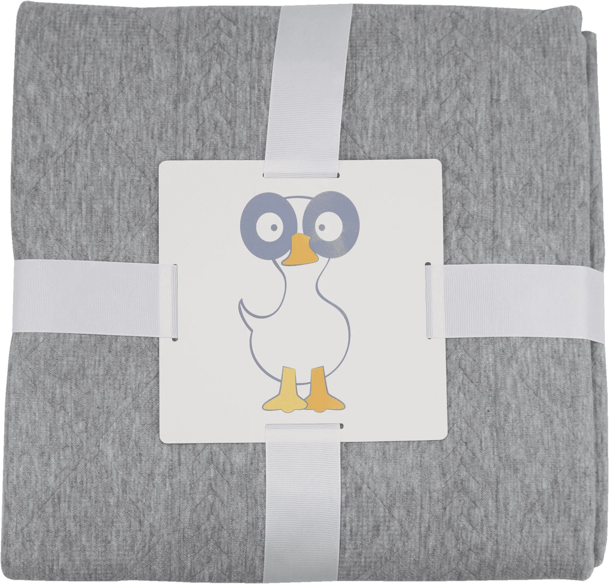 Soft gray knit baby blanket made from cozy material, neatly folded with a duck illustration tag