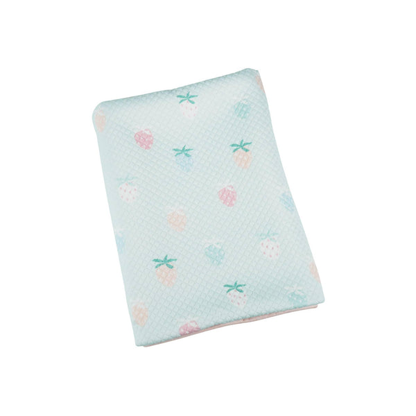 Goosewaddle blue knit baby blanket for newborns with pastel fruit pattern