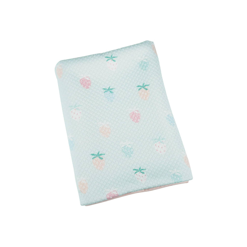 Goosewaddle blue knit baby blanket for newborns with pastel fruit pattern