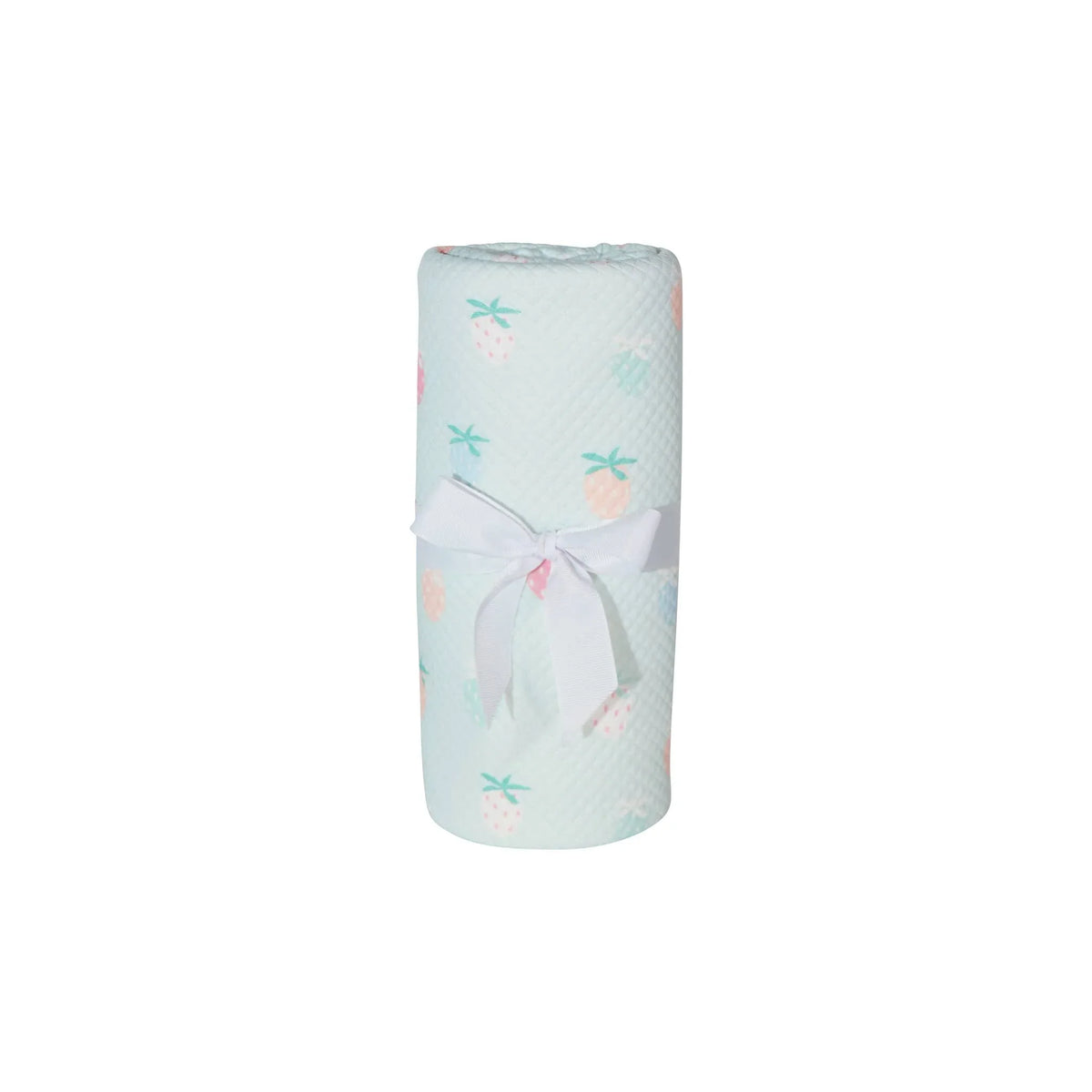Goosewaddle knit baby blanket in pastel blue with strawberry pattern for newborns