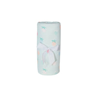 Goosewaddle knit baby blanket in pastel blue with strawberry pattern for newborns