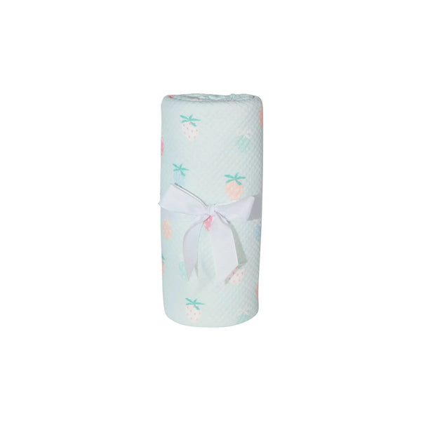 Goosewaddle knit baby blanket in pastel blue with strawberry pattern for newborns