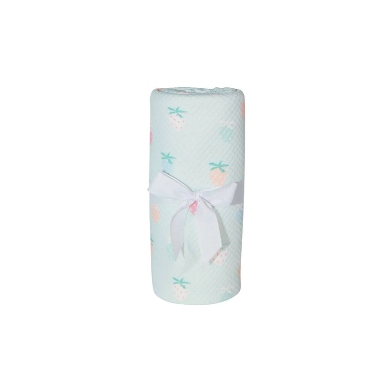 Goosewaddle knit baby blanket in pastel blue with strawberry pattern for newborns