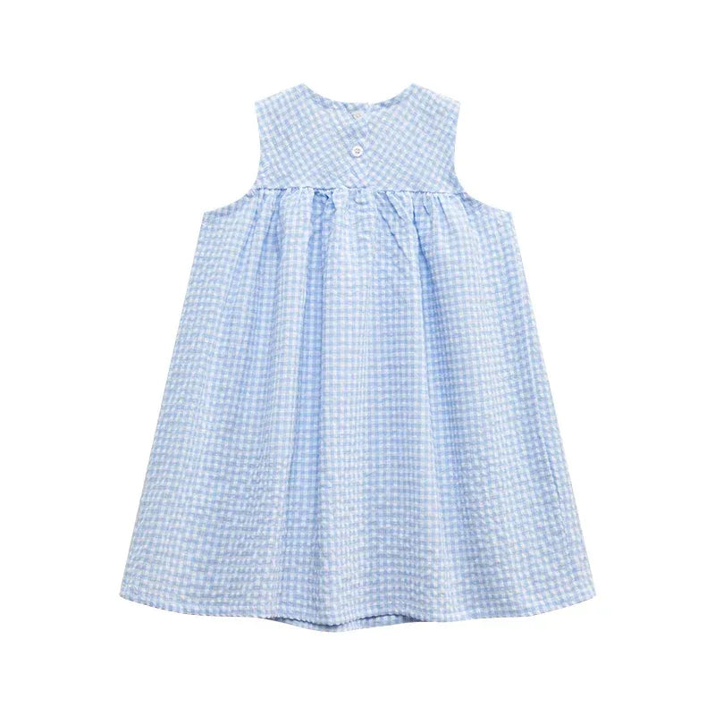 baby blue gingham sleeveless party dress for infants with button detail on back