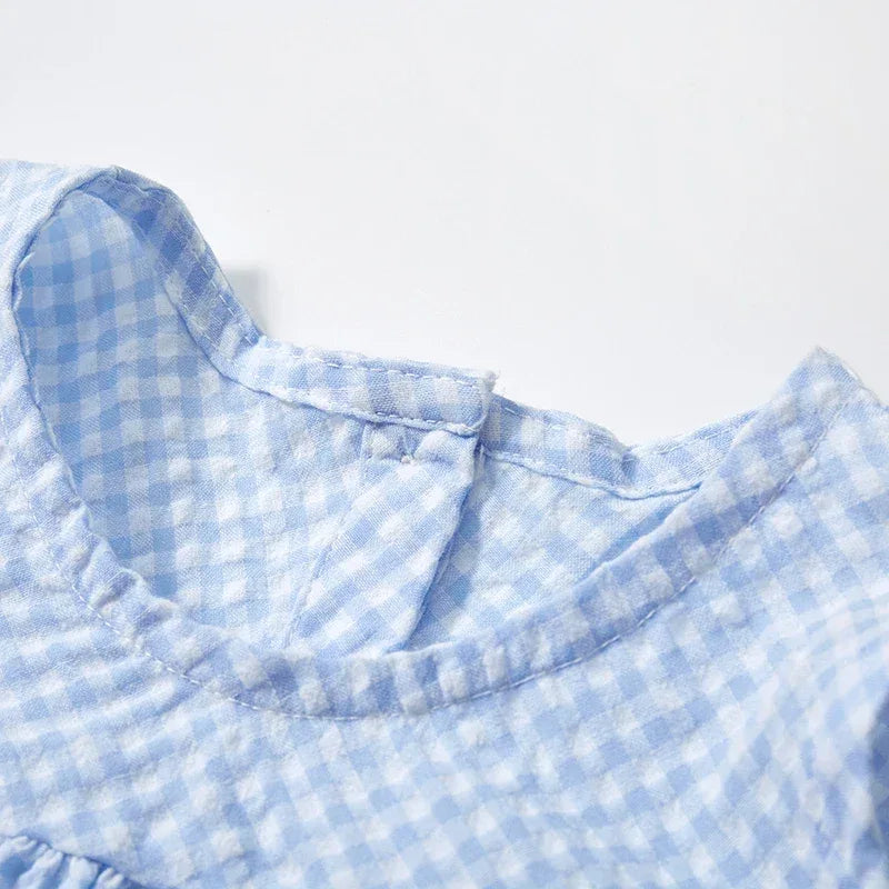 Baby blue gingham party dress with button closure for infants and toddlers