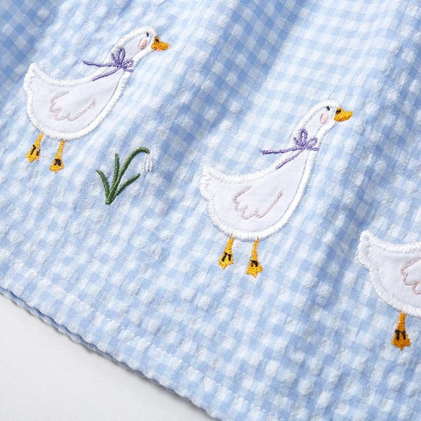 baby blue gingham party dress with embroidered white ducks for infants and toddlers