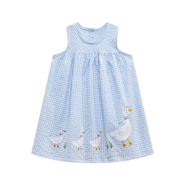 toddler girls blue gingham party dress with embroidered white ducks sleeveless