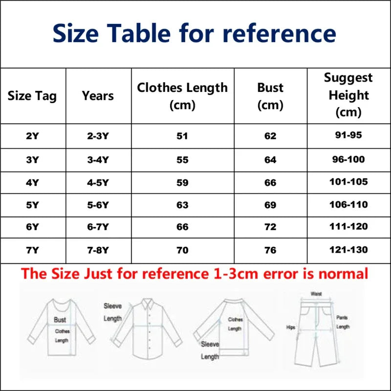 Size chart for babies and kids clothing showing measurements for ages 2 to 8 years with bust and length details