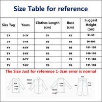 Size chart for babies and kids clothing showing measurements for ages 2 to 8 years with bust and length details