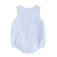 baby blue and white striped romper for infants with undersea animals theme